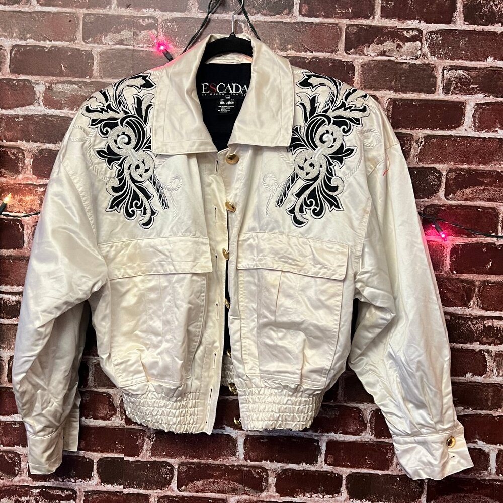 Vintage ESCADA Margaretha Ley Silk Blend Bomber Jacket - White/Black Embroidery